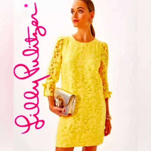NWT Lilly Pulitzer Kavianna Dress Color: Finch Yellow Stacked Palm Burnout SZ 10 - Picture 2 of 11